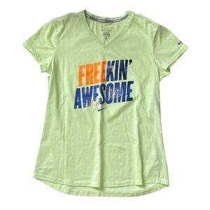 Nike Dri-Fit Women's Medium Green 'Freekin Awesome' V-Neck T-Shirt Running‎